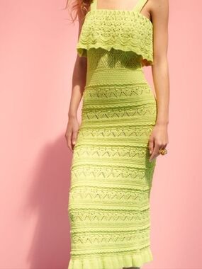 Zara Lime Green Crochet Maxi Dress with Ruffle Bodice